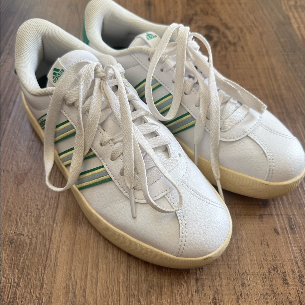 Adidas White Sneakers with Green and Yellow Accents